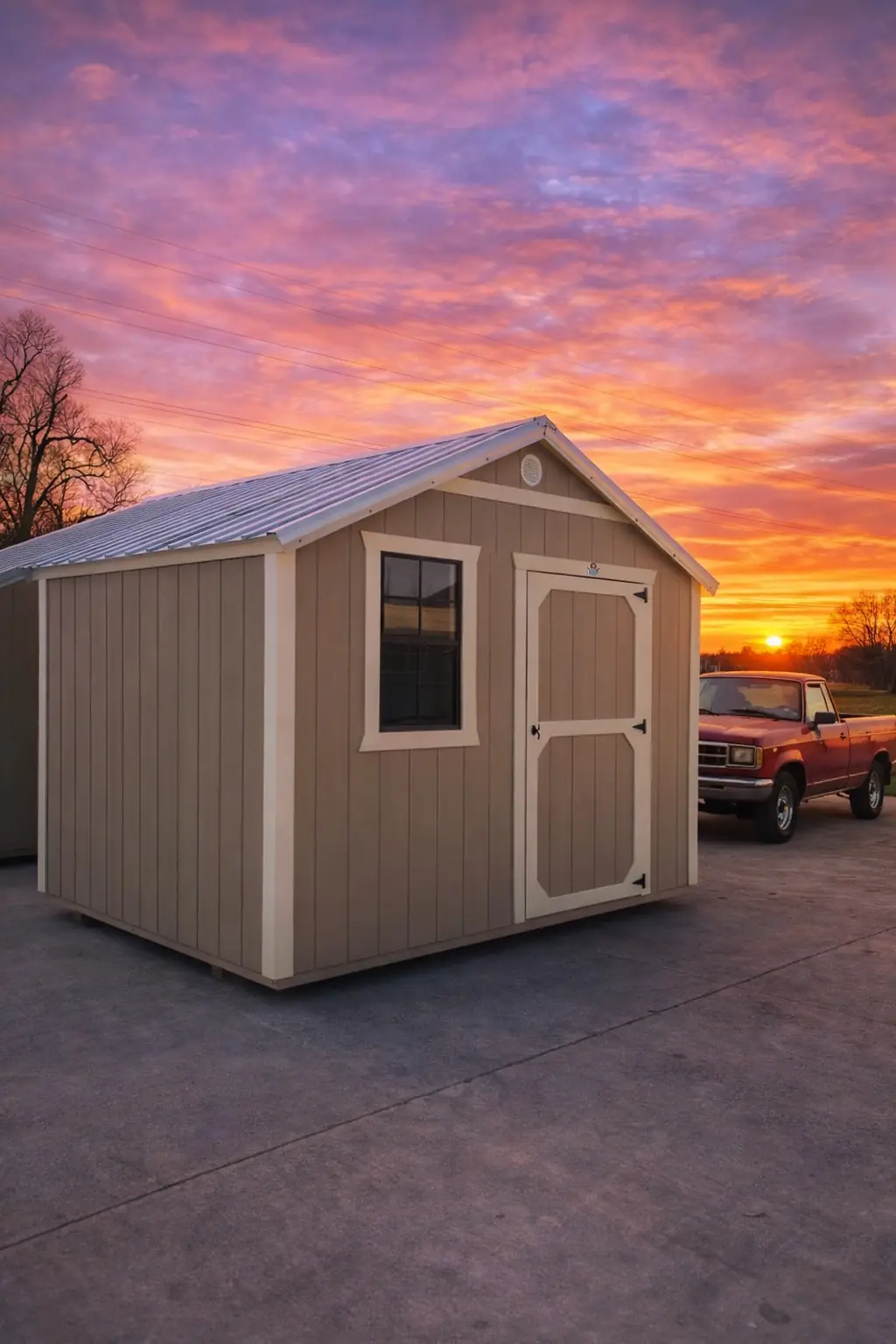 Derksen 10x12 utility shed at sunset in Nebraska